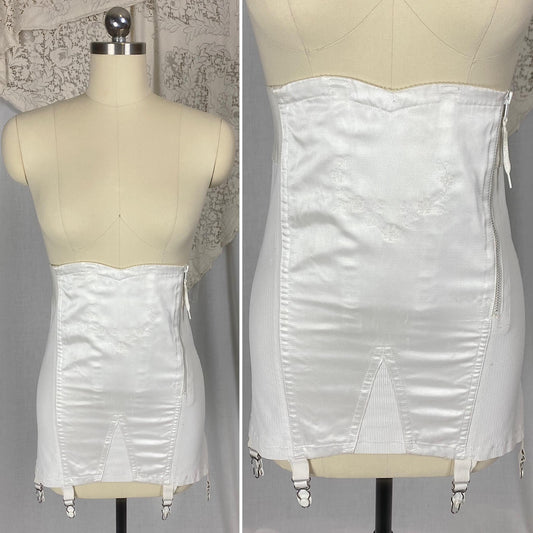Vintage 1950's - 1960's Girdle | White Rayon Satin with Floral Embroidery & Garter Straps | Size M | Warners Le Gant