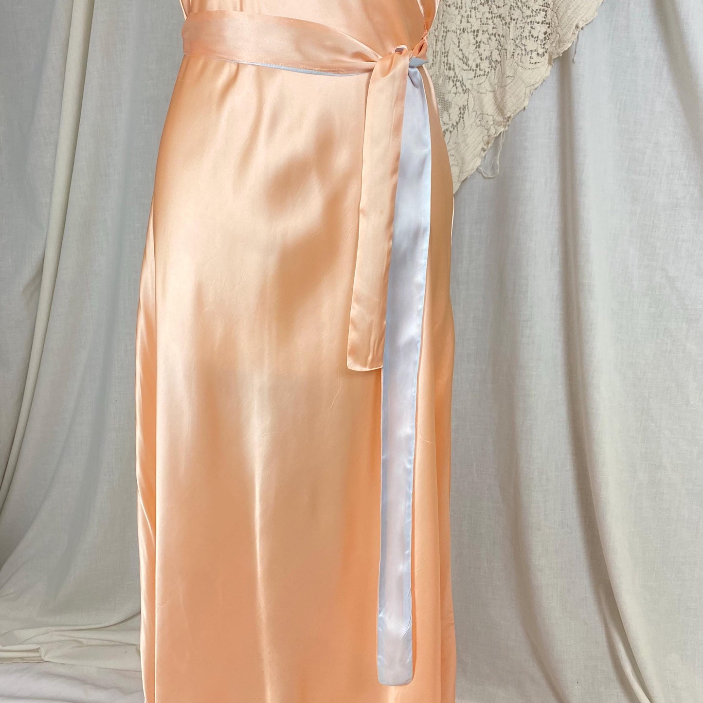 Vintage 1940's Nightgown | Rich Peach Rayon Satin with Blue Contrast Sash | Size M | Never Worn