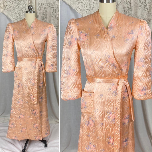 Vintage 1940's Robe | Quilted Floral Print Peachy Pink Rayon Satin with Darted Shoulders & Bell Sleeves | Size XS, S