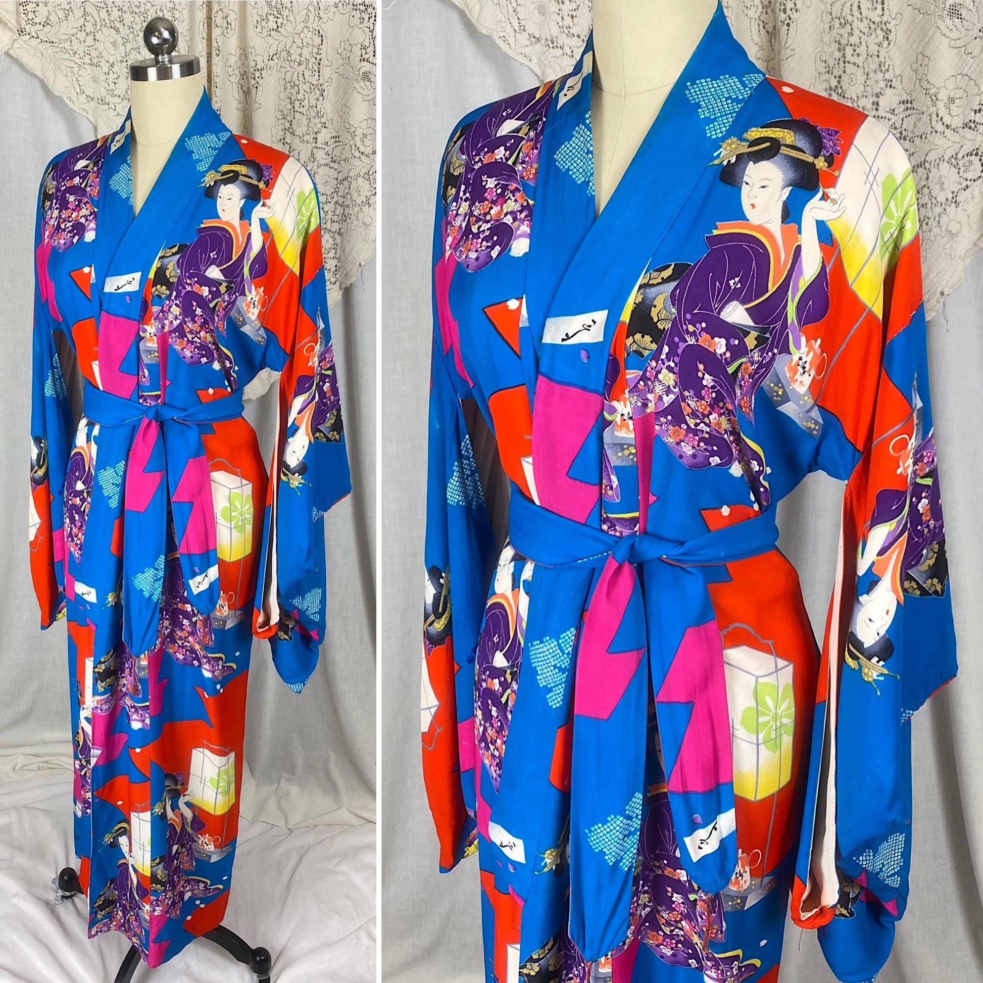 Vintage 1930's - 1940's Japanese Kimono Robe | Bold Art Deco Geisha Wood Block Print Silk with Tassled Sash Tie | Size Free | Hand Stitched