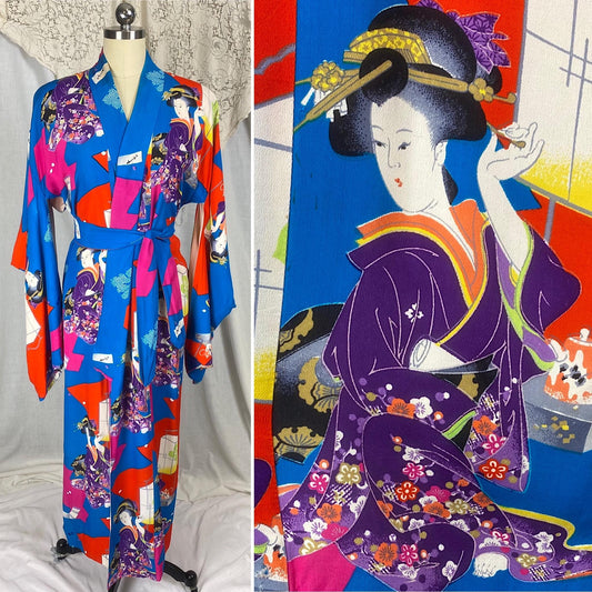 Vintage 1930's - 1940's Japanese Kimono Robe | Bold Art Deco Geisha Wood Block Print Silk with Tassled Sash Tie | Size Free | Hand Stitched