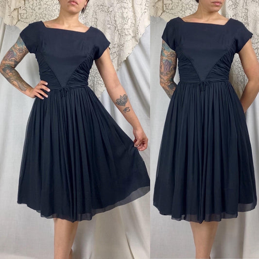 Vintage 1950's Dress | Black Silk Chiffon with Ruched Waist & Wide Circle Skirt | Size M