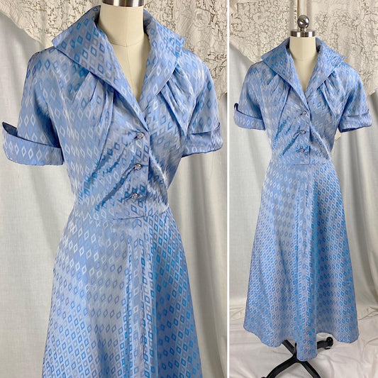 Vintage 1940's - 1950's Dress | Pale Blue Rayon Taffeta with Diamond Satin Damask Pattern & Glass Buttons | Size M, LG