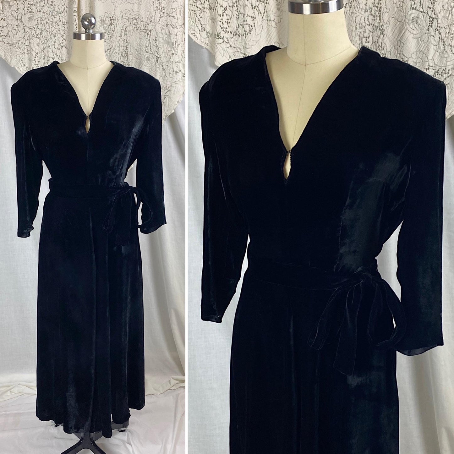 Vintage 1940's Dress | Black Silk Velvet with Keyhole Neckline & Long Sash Tie | Size M