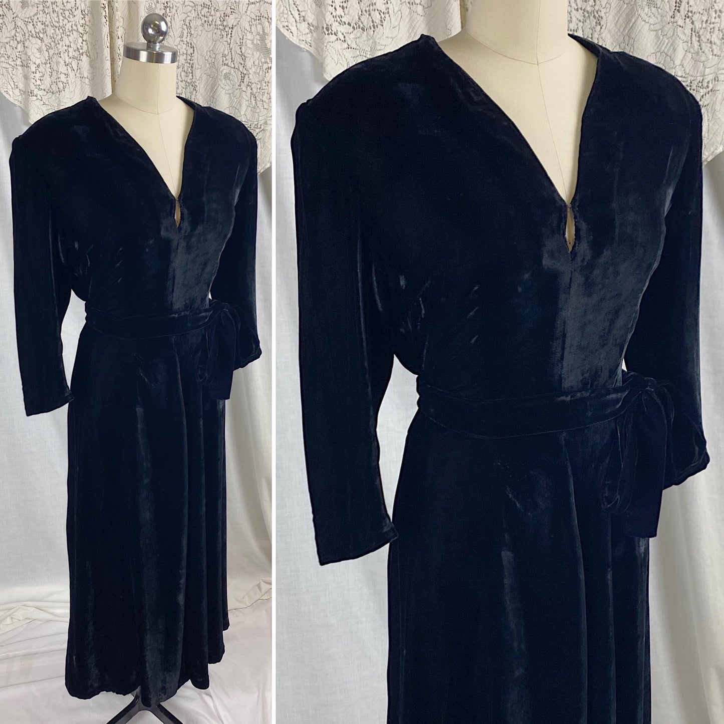 Vintage 1940's Dress | Black Silk Velvet with Keyhole Neckline & Long Sash Tie | Size M