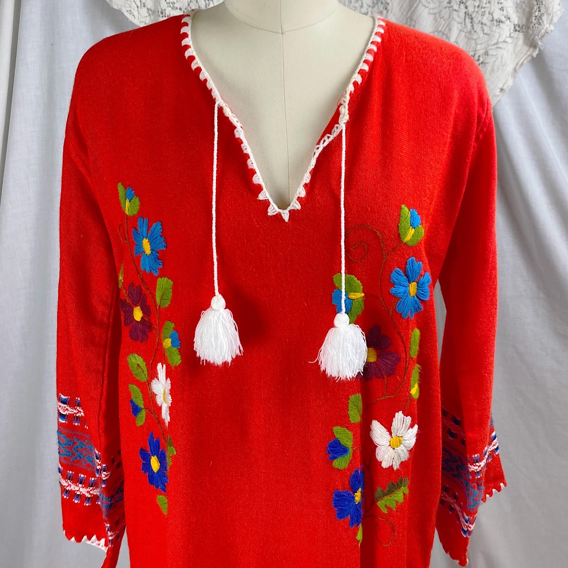 Vintage 1960's - 1970's Kaftan Maxi Dress | Bright Red Acrylic Wool with Floral Embroidery | Size S, M