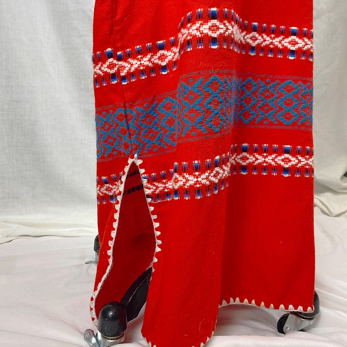 Vintage 1960's - 1970's Kaftan Maxi Dress | Bright Red Acrylic Wool with Floral Embroidery | Size S, M