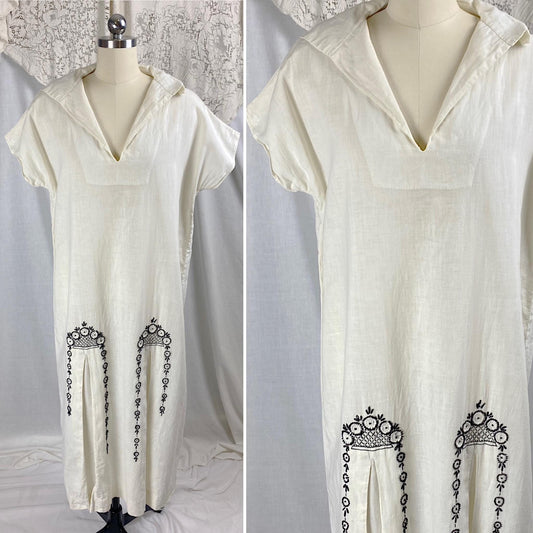 Vintage 1970's Kaftan Dress | Natural Cotton with Black & White Embroidery | Size S, M, LG