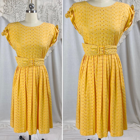 Vintage 1960's Dress | Dandelion Yellow Eyelet Cotton with Button Closure | Size S