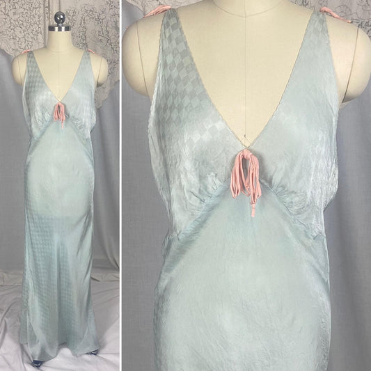Vintage 1930's Nightgown | Dusty Blue Silk with Diamond Satin Damask Print & Pink Silk Bow | Size M, LG