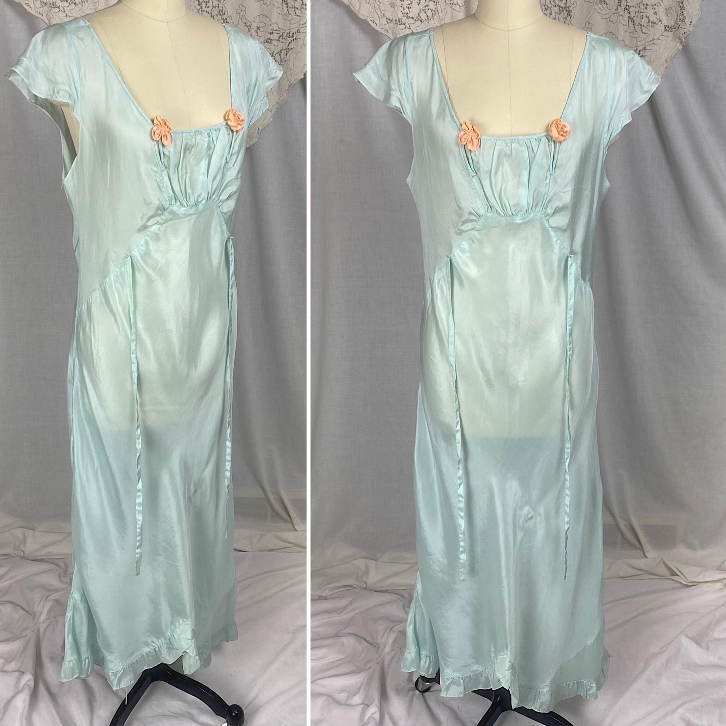 Vintage 1930's - 1940's Nightgown | Sky Blue Silk with Coral Pink Rosettes & Ruffled Hem | Size M, LG