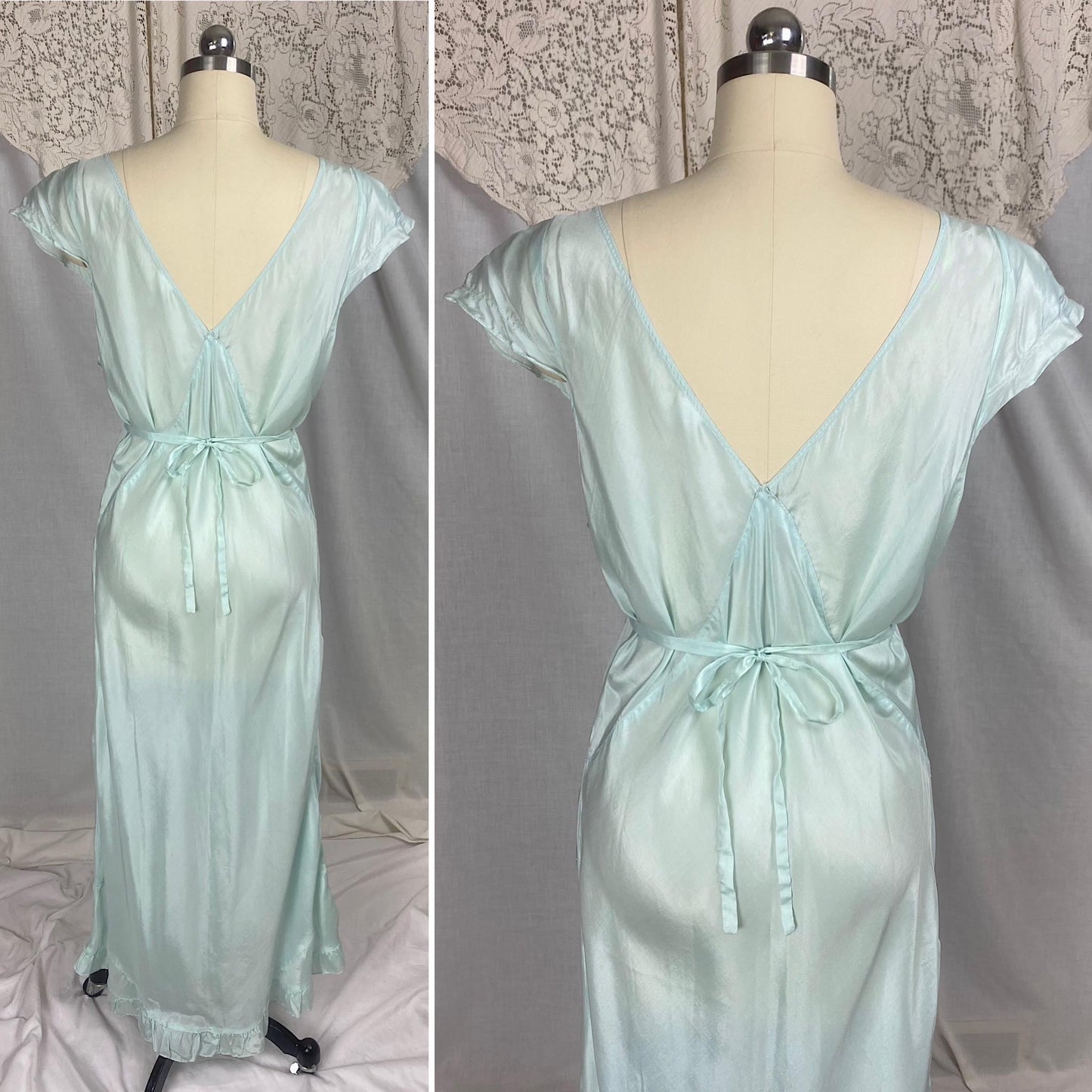 Vintage 1930's - 1940's Nightgown | Sky Blue Silk with Coral Pink Rosettes & Ruffled Hem | Size M, LG