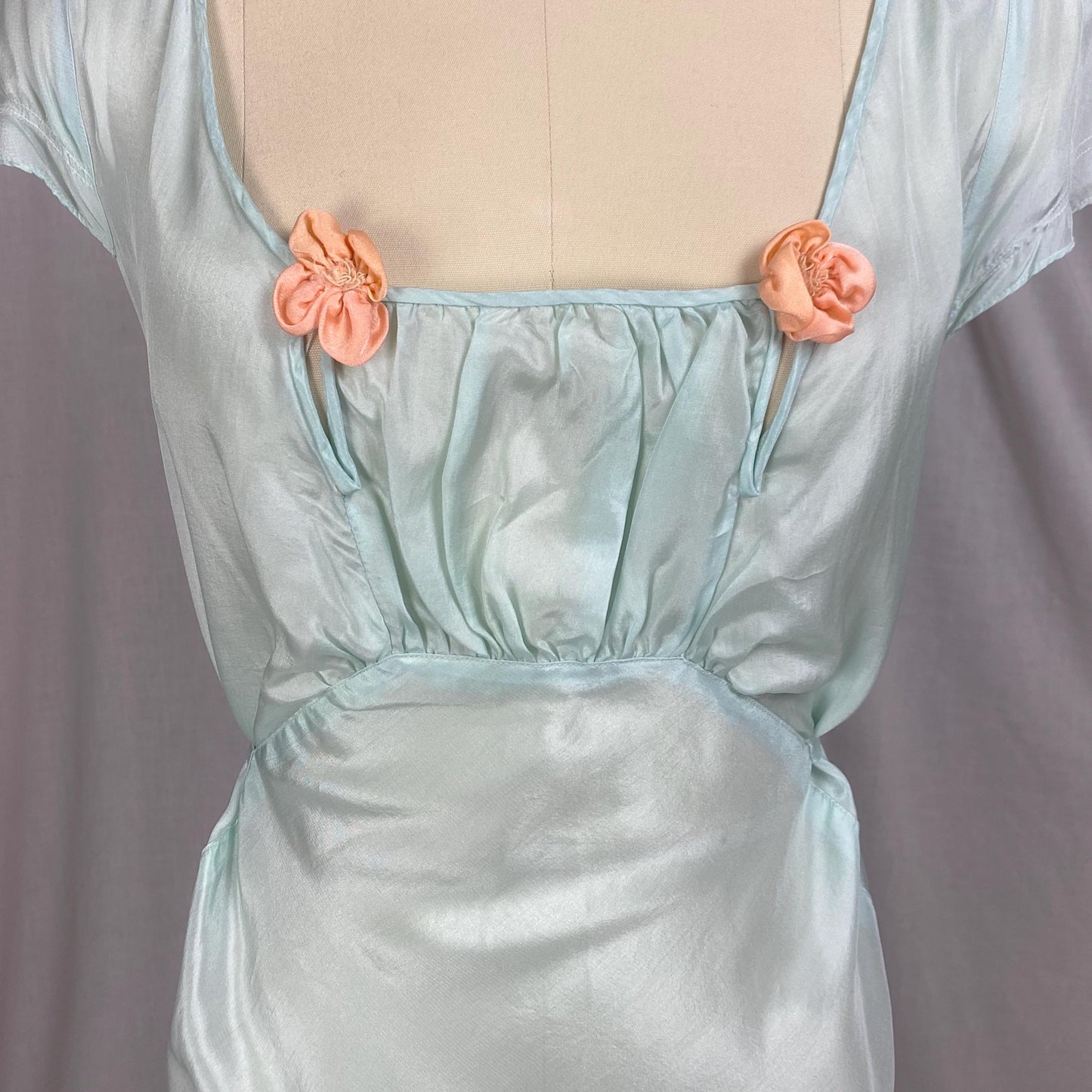 Vintage 1930's - 1940's Nightgown | Sky Blue Silk with Coral Pink Rosettes & Ruffled Hem | Size M, LG
