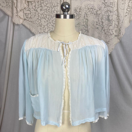 Vintage 1940's - 1950's Bed Jacket | Sheer Baby Blue Rayon Chiffon with White Lace & Wide Belled Sleeves | Size S, M | Wonder Maid