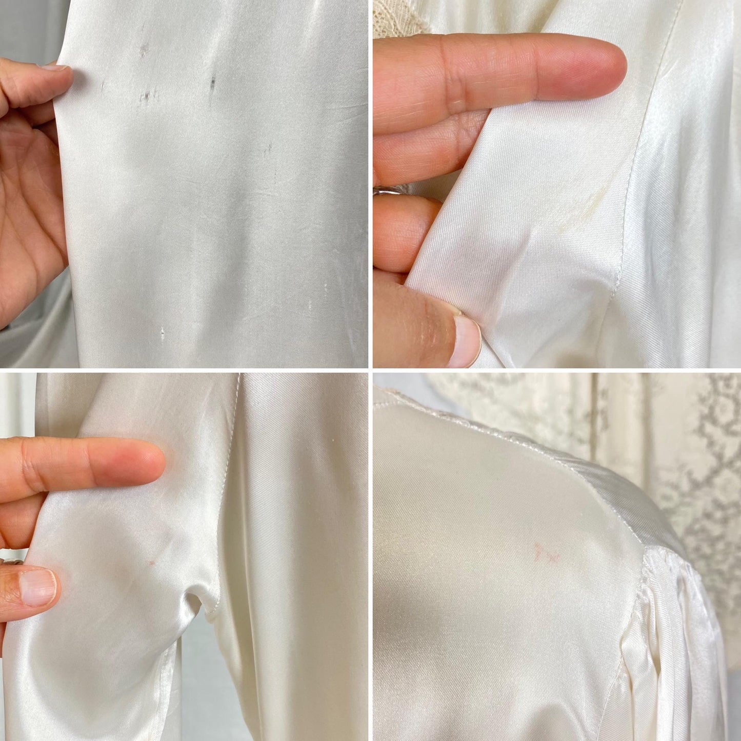 Vintage 1940's Dressing Gown Robe | Pearly White Rayon Satin with Ecru Floral Lace & Shell Buttons | Size LG, XLG | Tranel