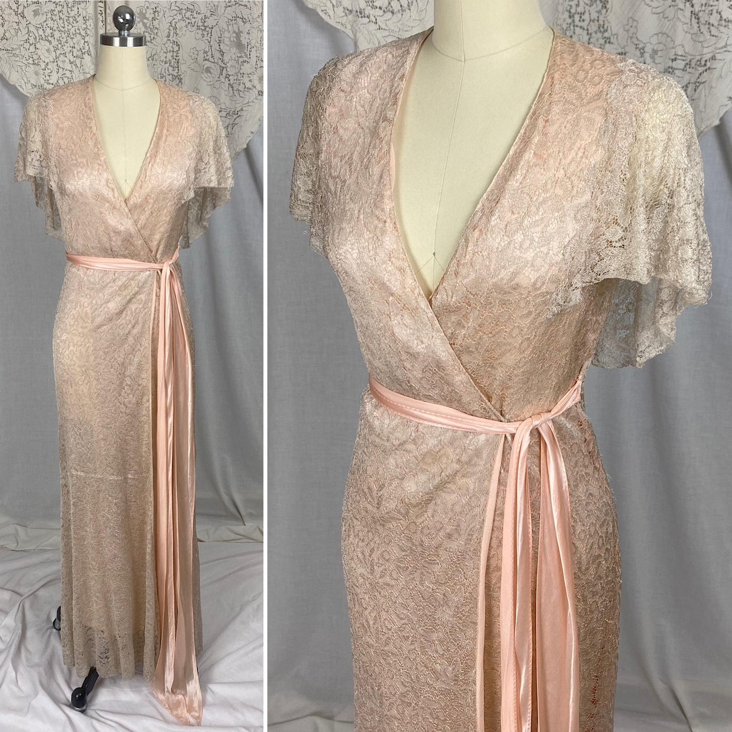 Vintage 1930's Dressing Gown Bridal Robe | Pale Bronze Floral Chantilly Lace with Rose Pink Silk Charmeuse Lining | Size XS Victorian