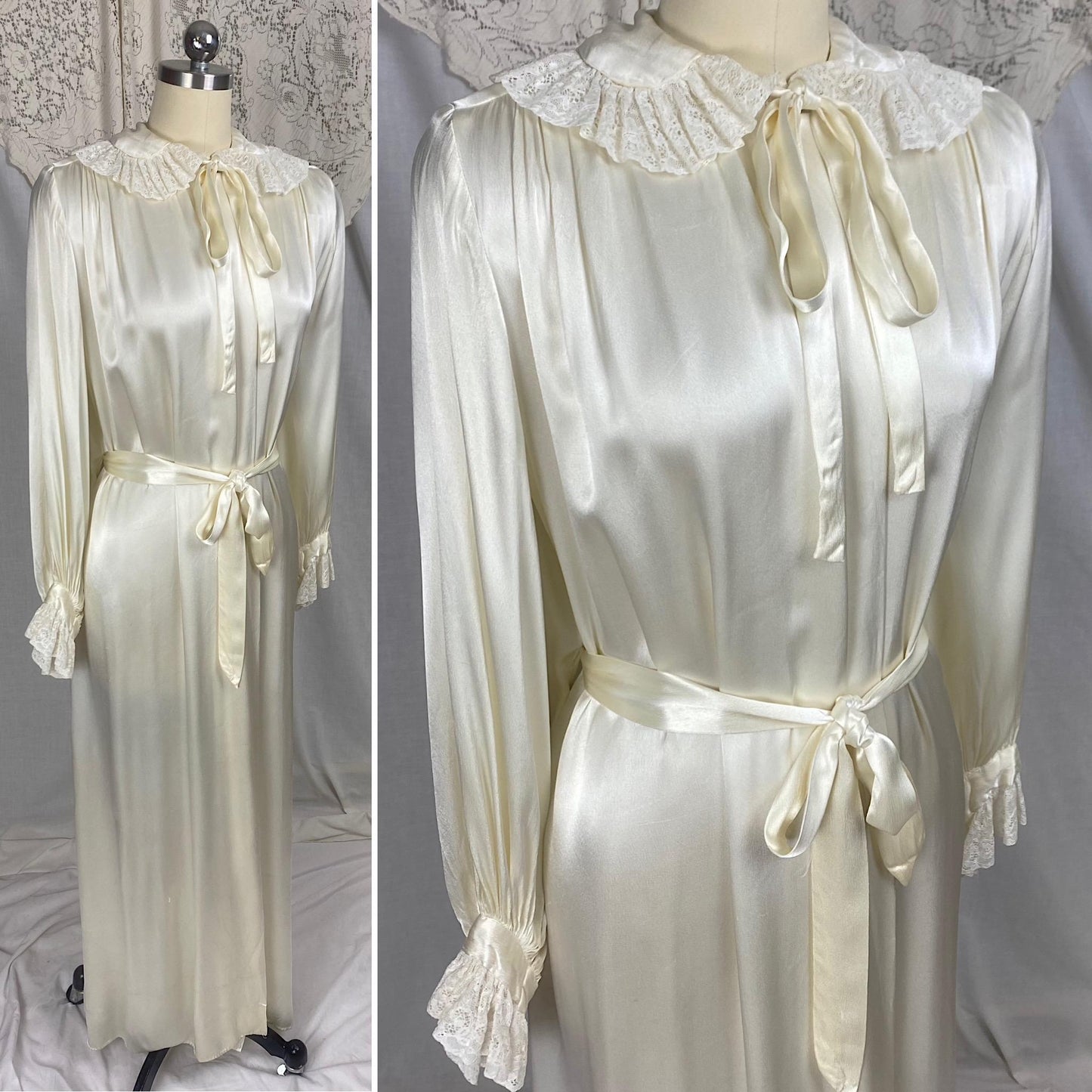 Vintage 1940's Dressing Gown Robe | Pearl White Rayon Satin with Ruffled Cotton Lace & Faux Cape | Size S, M, LG