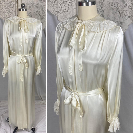 Vintage 1940's Dressing Gown Bridal Robe | Pearl White Rayon Satin with Ruffled Cotton Lace & Faux Cape | Size S, M, LG