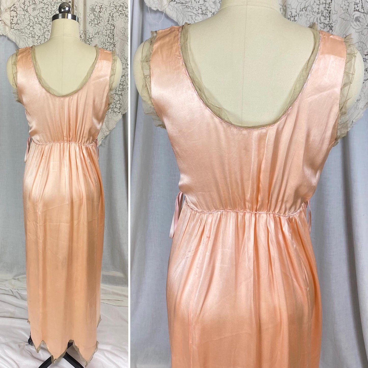 Vintage 1920's Nightgown | Rich Peach Silk with Taupe Tulle Edging & Silk Ribbon Drawstrings | Size XS, S | Never Worn