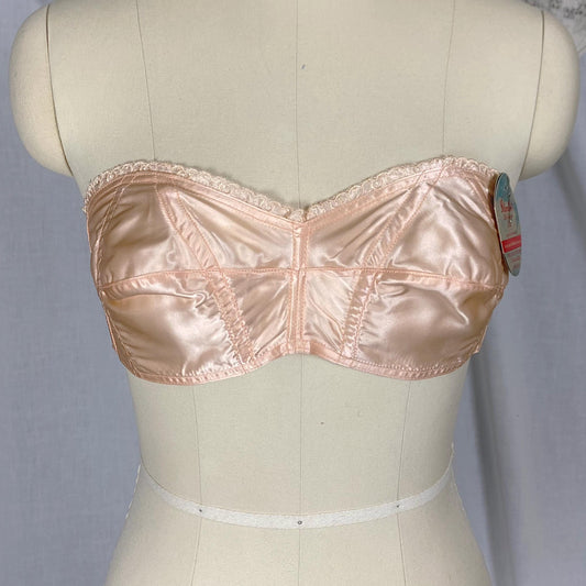 Vintage 1940's - 1950's Cathedral Bra | Peachy Pink Rayon Acetate Satin with Embroidered Scalloped Trim | Size XS | Stardust New with Tags
