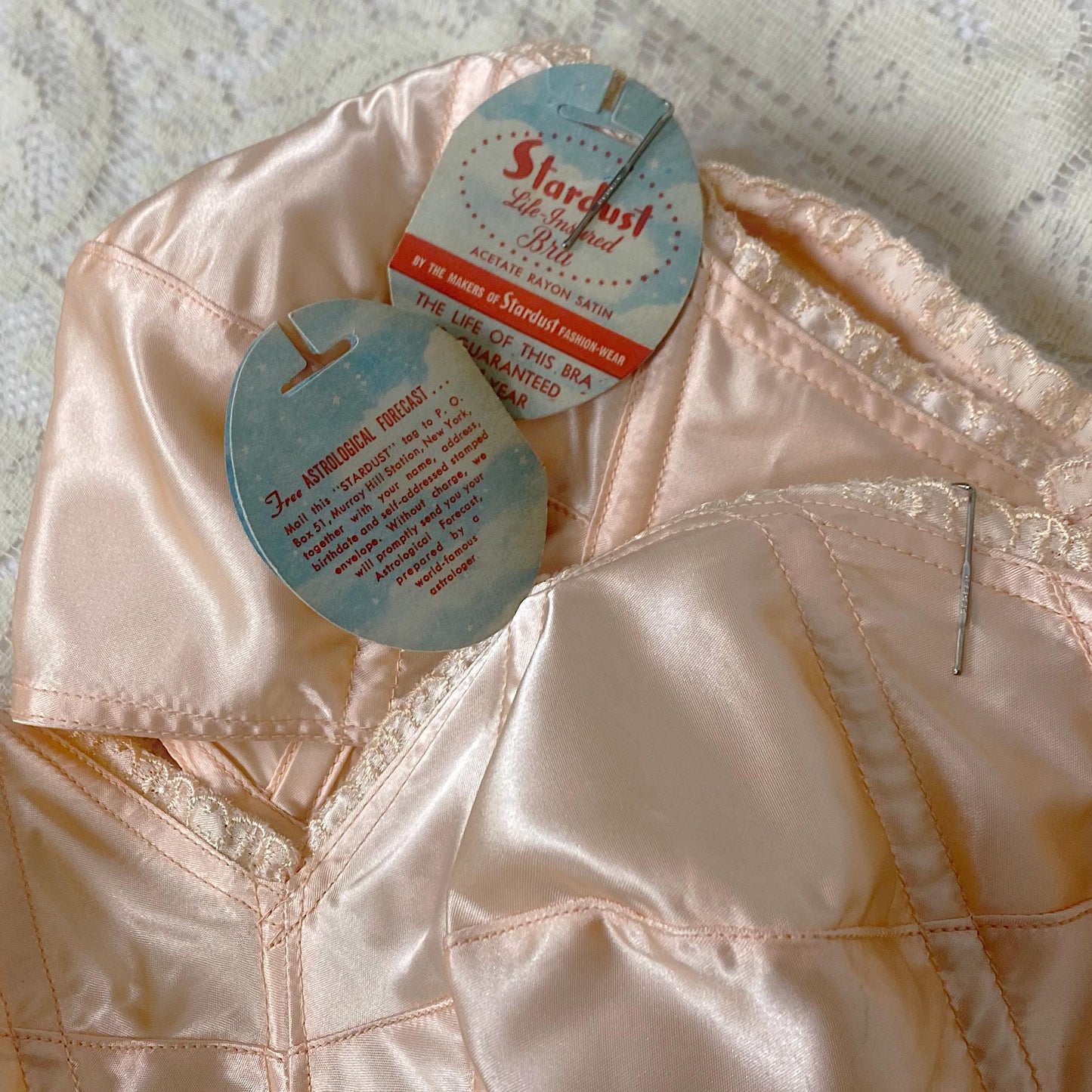Vintage 1940's - 1950's Cathedral Bra | Peachy Pink Rayon Acetate Satin with Embroidered Scalloped Trim | Size XS | Stardust New with Tags