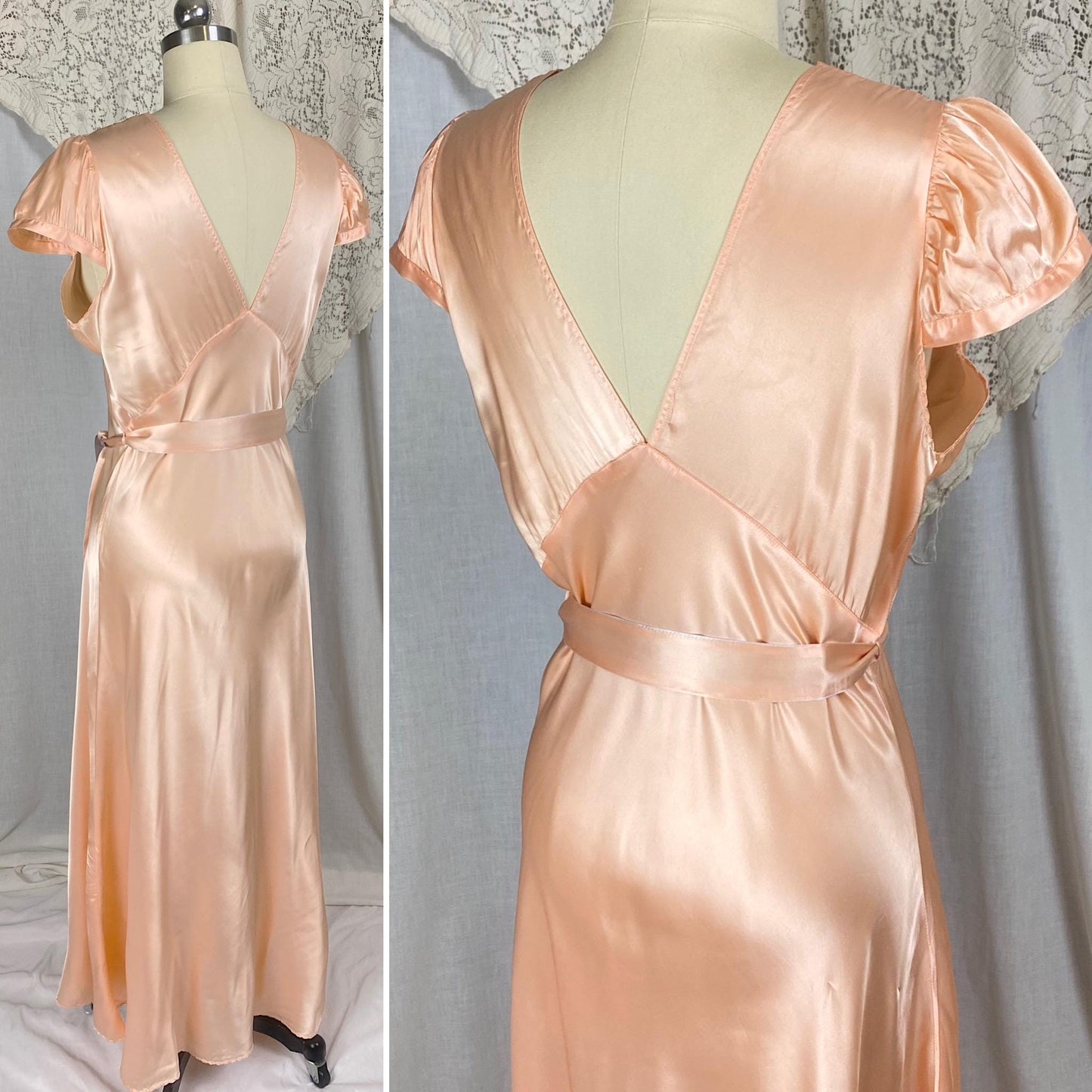 Vintage 1940's Nightgown | Rich Peach Rayon Satin with Blue Contrast Sash | Size M | Never Worn