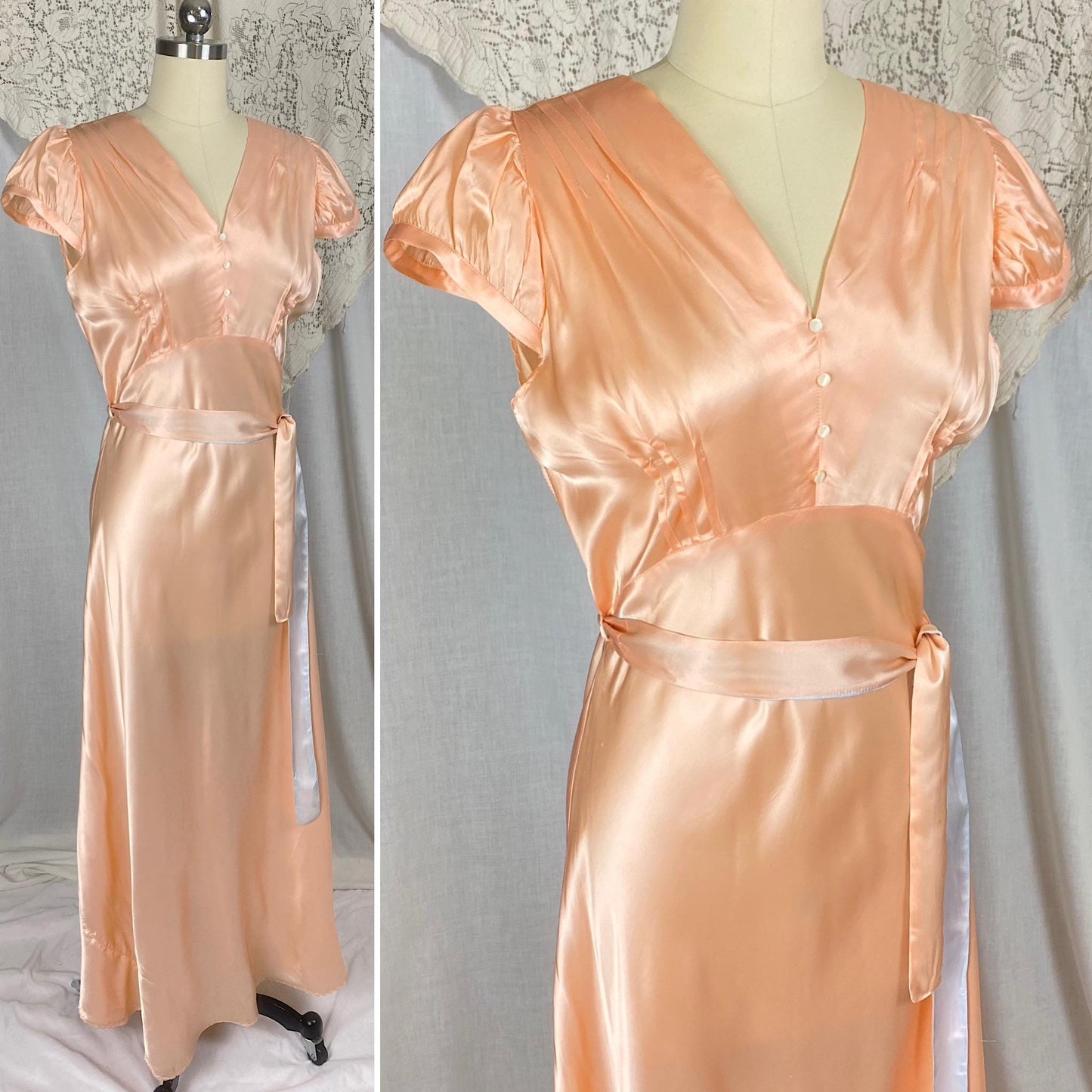 Vintage 1940's Nightgown | Rich Peach Rayon Satin with Blue Contrast Sash | Size M | Never Worn