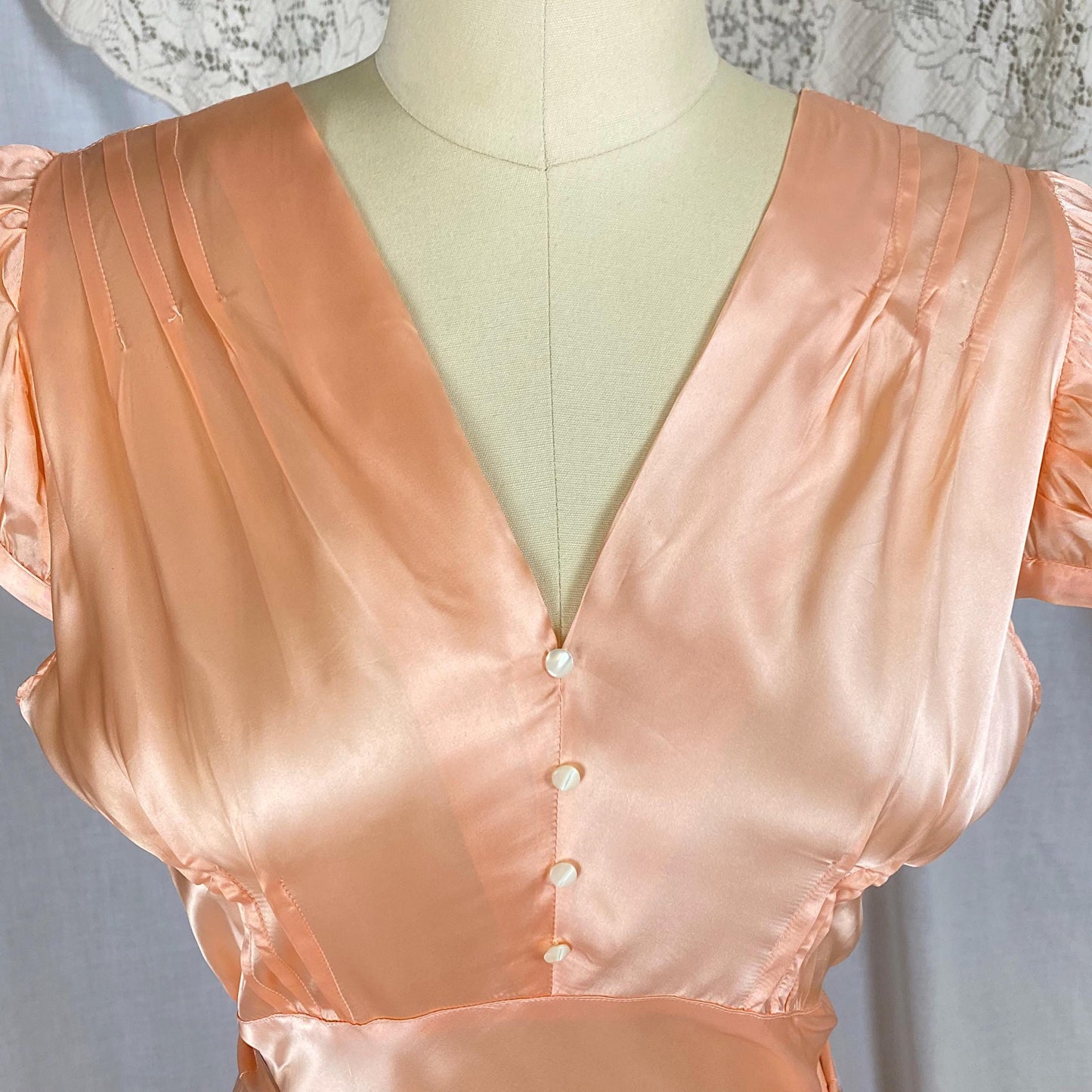 Vintage 1940's Nightgown | Rich Peach Rayon Satin with Blue Contrast Sash | Size M | Never Worn