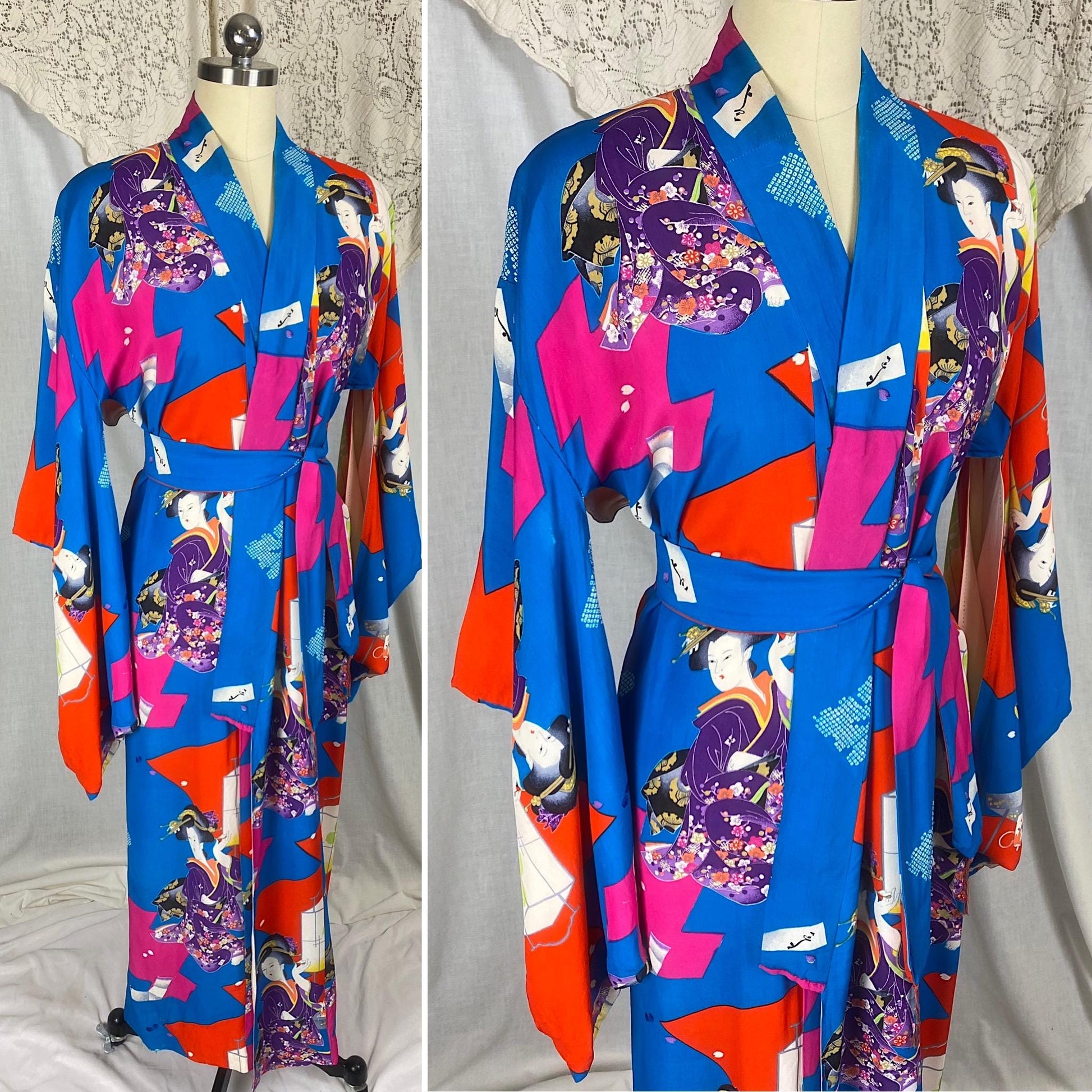 Vintage 1930's - 1940's Japanese Kimono Robe | Bold Art Deco Geisha Wood Block Print Silk with Tassled Sash Tie | Size Free | Hand Stitched