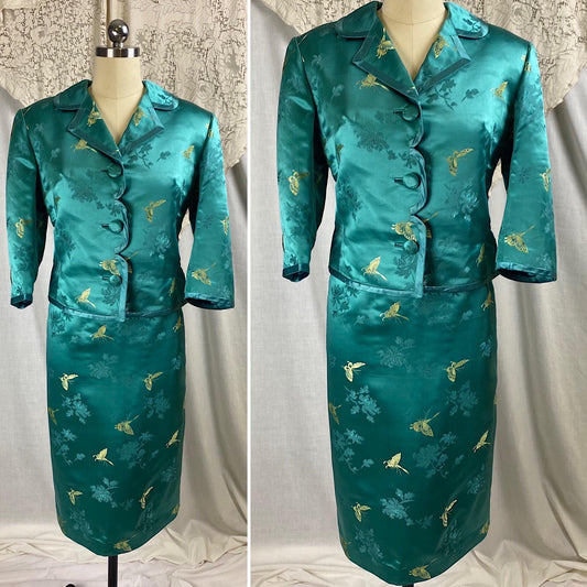 Vintage 1960's Skirt Suit | Teal Silk with Gold Butterfly Damask Pattern | Size XS, S | Mohan's Hong Kong