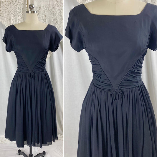 Vintage 1950's Dress | Black Silk Chiffon with Ruched Waist & Wide Circle Skirt | Size M