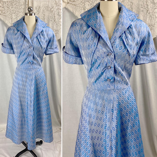 Vintage 1940's - 1950's Dress | Pale Blue Rayon Taffeta with Diamond Satin Damask Pattern & Glass Buttons | Size M, LG