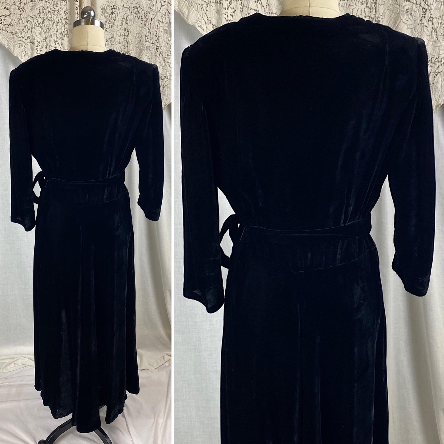 Vintage 1940's Dress | Black Silk Velvet with Keyhole Neckline & Long Sash Tie | Size M