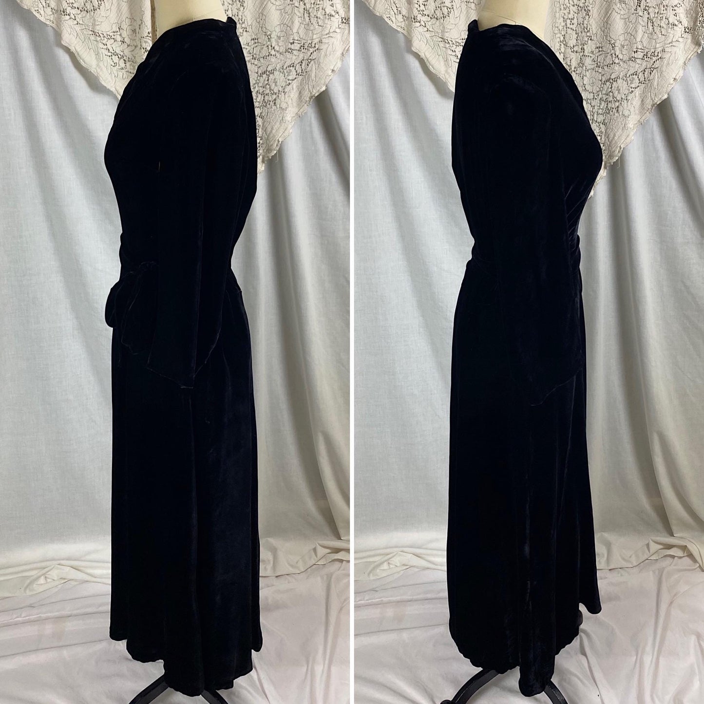 Vintage 1940's Dress | Black Silk Velvet with Keyhole Neckline & Long Sash Tie | Size M