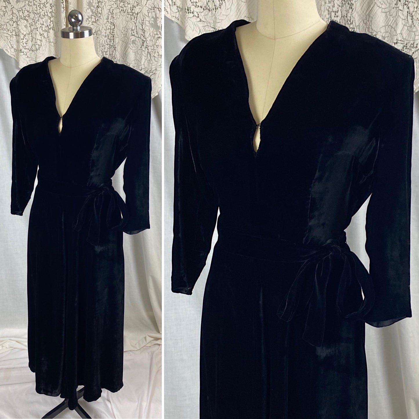 Vintage 1940's Dress | Black Silk Velvet with Keyhole Neckline & Long Sash Tie | Size M