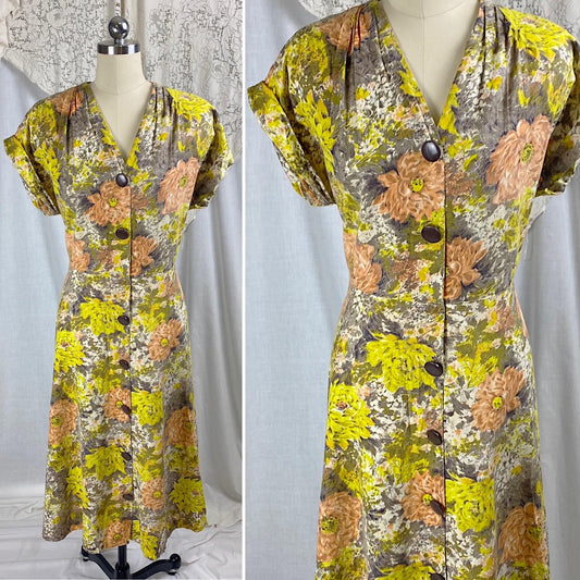 Vintage 1940's - 1950's Day Dress | Warm Yellow, Peach, & Taupe Floral Printed Cotton | Size LG, XLG | Brentwood Cottons
