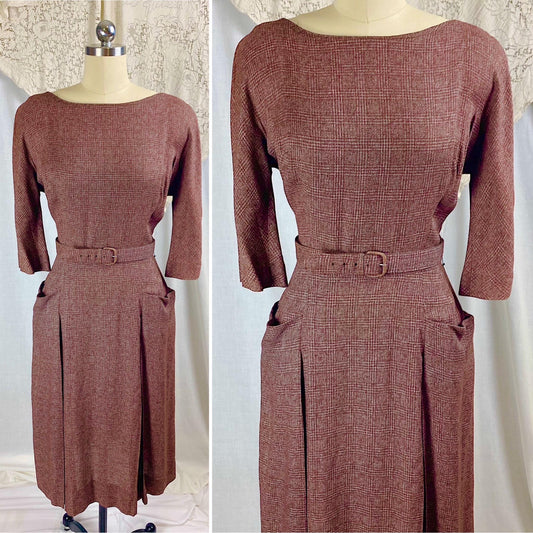 Vintage 1950's Dress | Brick Red Rayon Crepe with Check Pattern | Size M | L'Aiglon