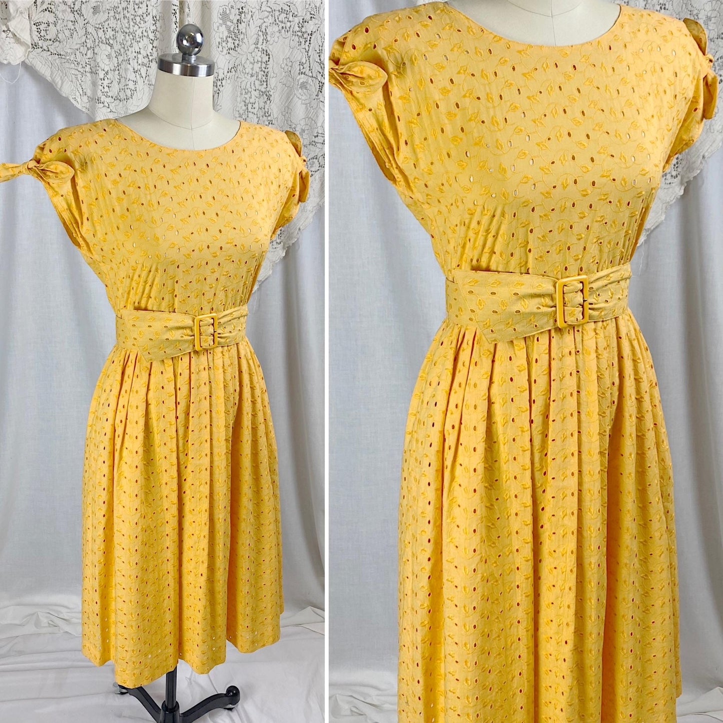 Vintage 1960's Dress | Dandelion Yellow Eyelet Cotton with Button Closure | Size S
