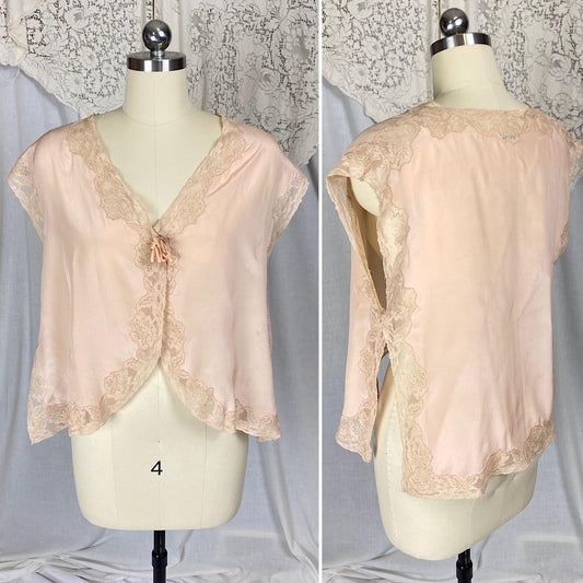 Vintage 1920's Bed Jacket | Light Blush Pink Silk with Nude Floral Alencon Lace | Size S, M | Made in France for T. Eaton