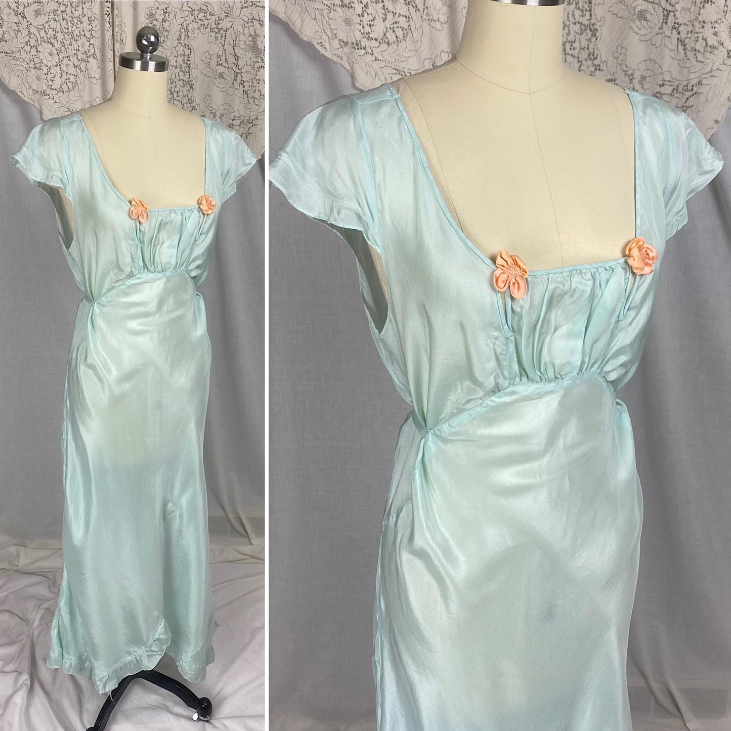 Vintage 1930's - 1940's Nightgown | Sky Blue Silk with Coral Pink Rosettes & Ruffled Hem | Size M, LG