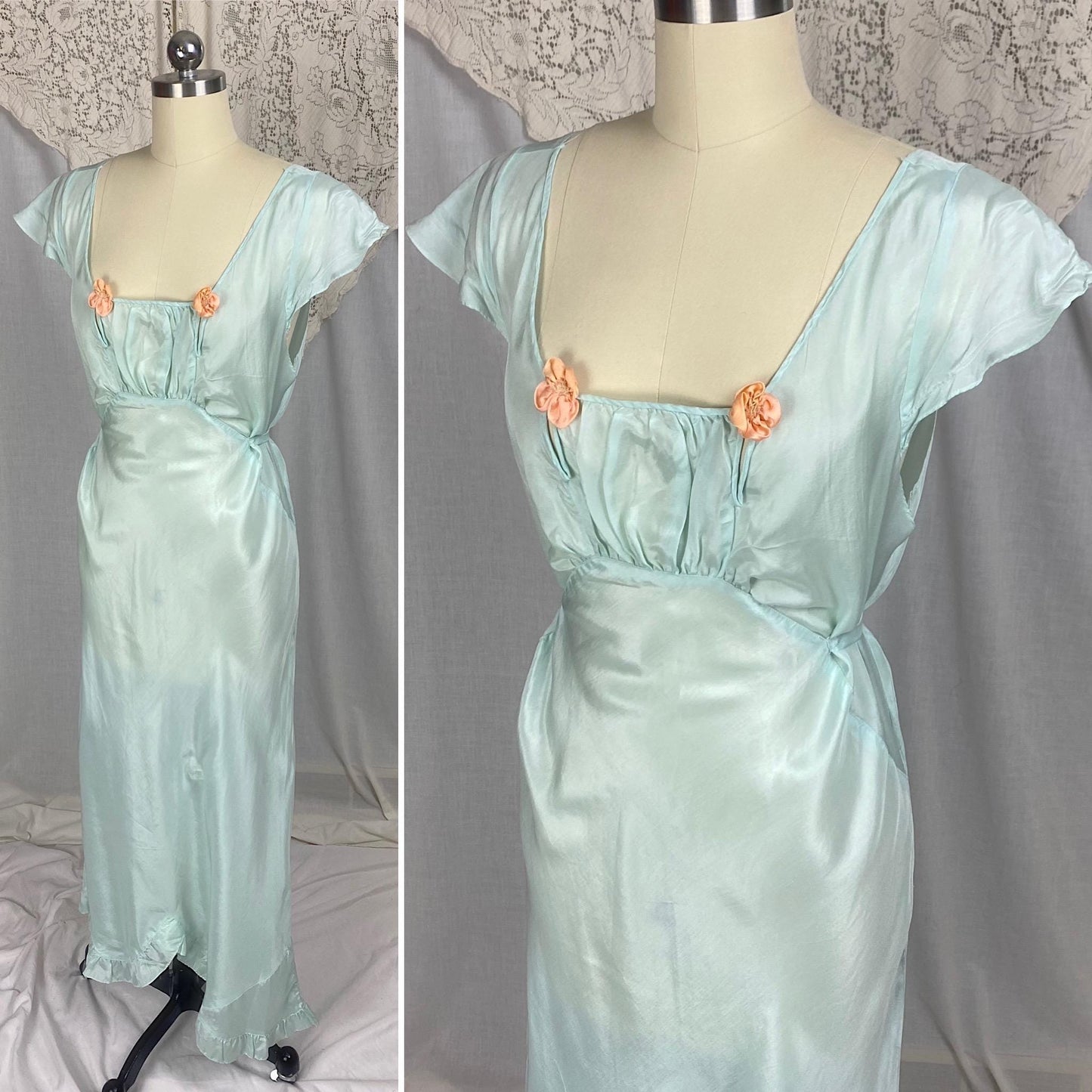 Vintage 1930's - 1940's Nightgown | Sky Blue Silk with Coral Pink Rosettes & Ruffled Hem | Size M, LG