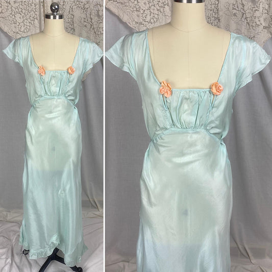 Vintage 1930's - 1940's Nightgown | Sky Blue Silk with Coral Pink Rosettes & Ruffled Hem | Size M, LG