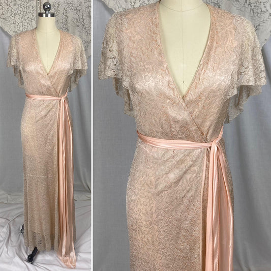 Vintage 1930's Dressing Gown Robe | Pale Bronze Floral Chantilly Lace with Rose Pink Silk Charmeuse Lining | Size XS