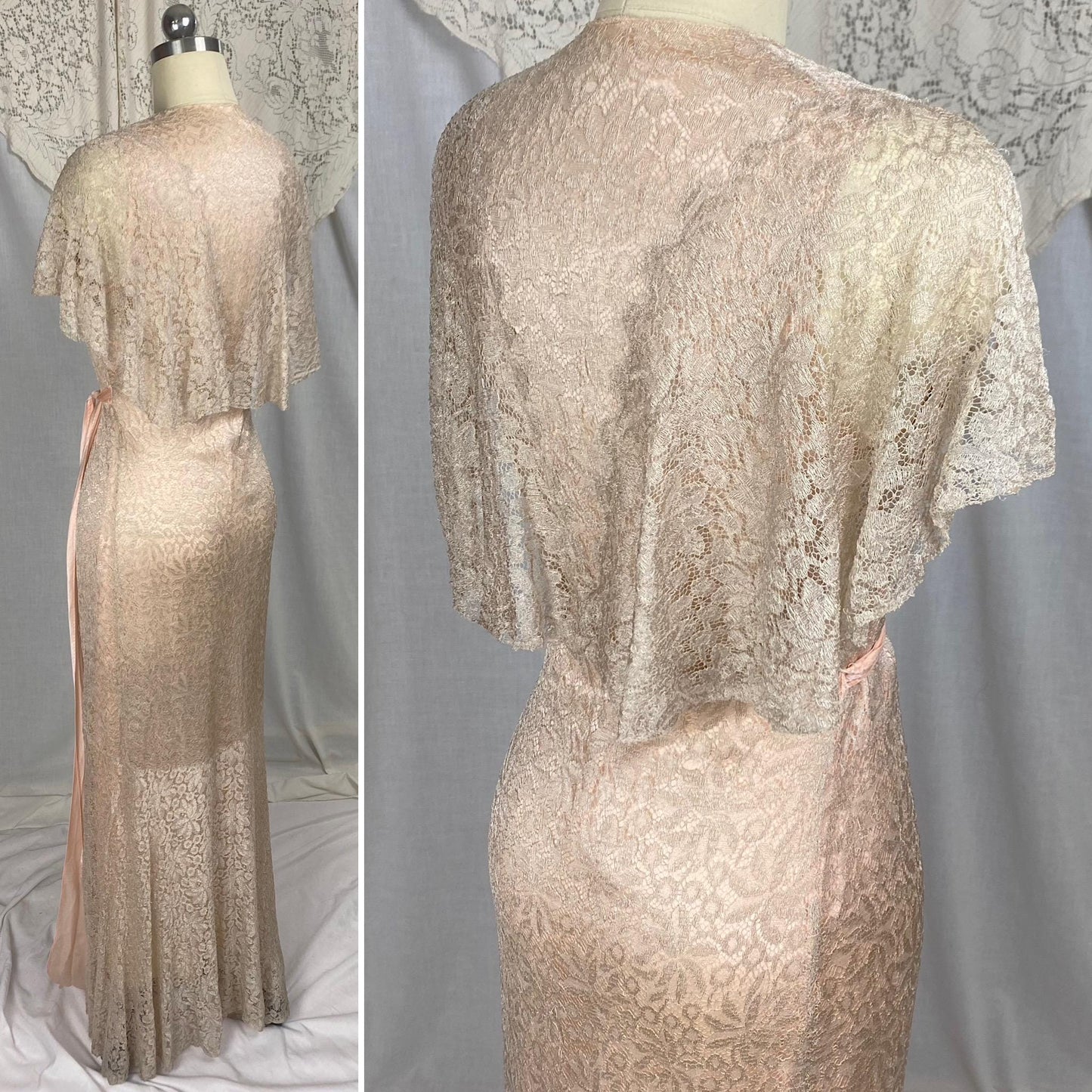 Vintage 1930's Dressing Gown Robe | Pale Bronze Floral Chantilly Lace with Rose Pink Silk Charmeuse Lining | Size XS