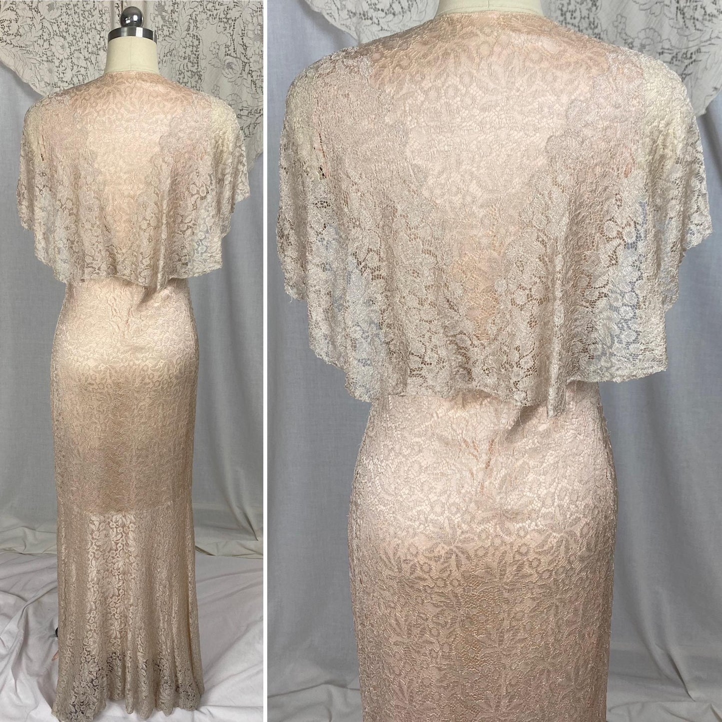Vintage 1930's Dressing Gown Robe | Pale Bronze Floral Chantilly Lace with Rose Pink Silk Charmeuse Lining | Size XS