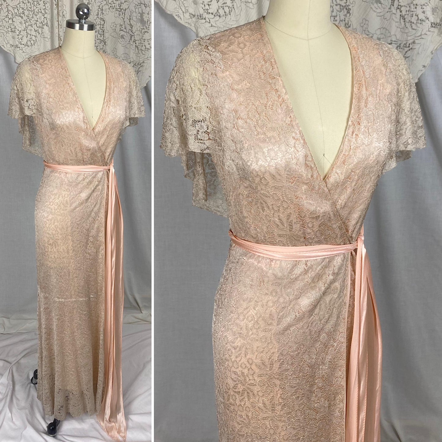 Vintage 1930's Dressing Gown Robe | Pale Bronze Floral Chantilly Lace with Rose Pink Silk Charmeuse Lining | Size XS
