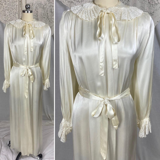 Vintage 1940's Dressing Gown Robe | Pearl White Rayon Satin with Ruffled Cotton Lace & Faux Cape | Size S, M, LG