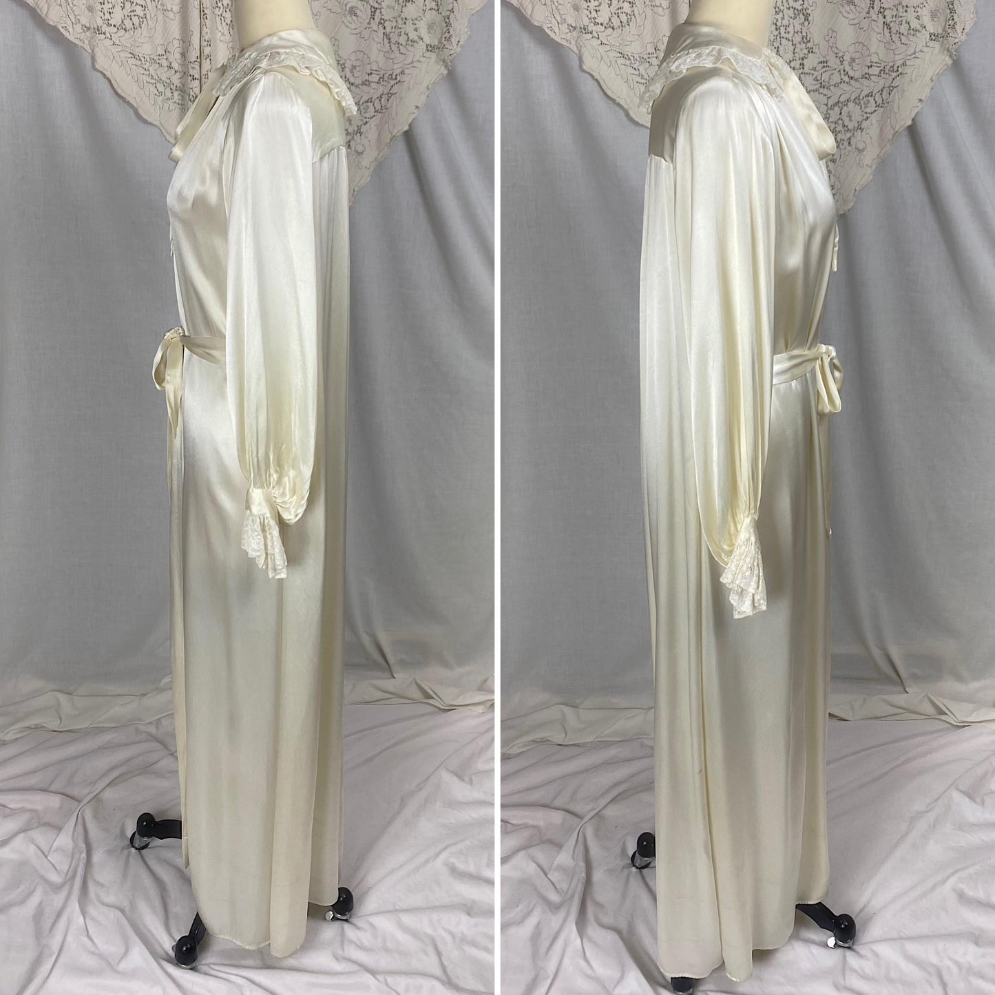 Vintage 1940's Dressing Gown Robe | Pearl White Rayon Satin with Ruffled Cotton Lace & Faux Cape | Size S, M, LG