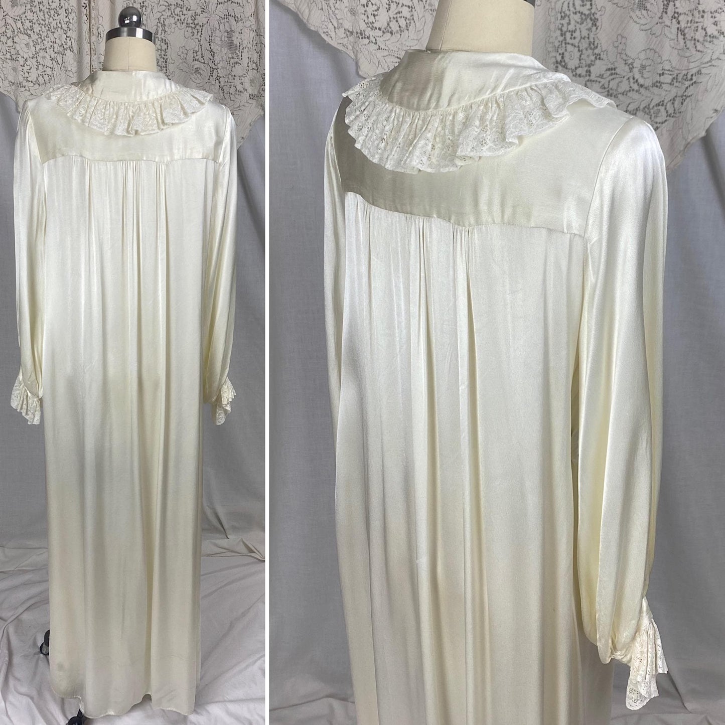 Vintage 1940's Dressing Gown Robe | Pearl White Rayon Satin with Ruffled Cotton Lace & Faux Cape | Size S, M, LG