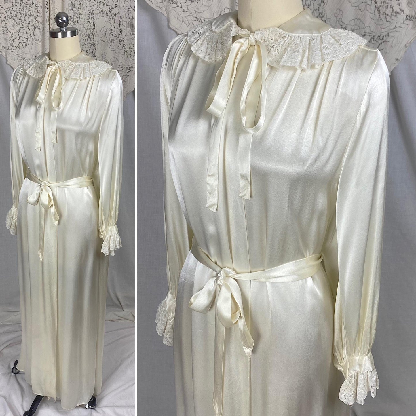 Vintage 1940's Dressing Gown Robe | Pearl White Rayon Satin with Ruffled Cotton Lace & Faux Cape | Size S, M, LG